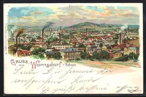 Lithographie Warnsdorf / Varnsdorf, Panoramablick auf die Stadt