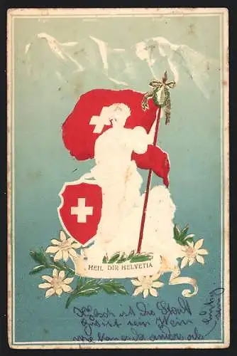Künstler-AK Schweiz, A Toi, Patrie!, Helvetia mit Wappen, Edelweiss