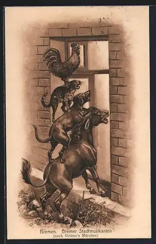 AK Bremen, Die Bremer Stadtmusikanten vor Gasthaus