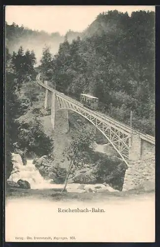 AK Reichenbach-Bahn auf einer Brücke an einem Wasserfall