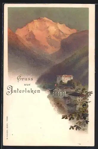 Künstler-AK Carl Biese: Interlaken, Ortspartie mit Blick auf die umliegenden Bergspitzen, um 1900