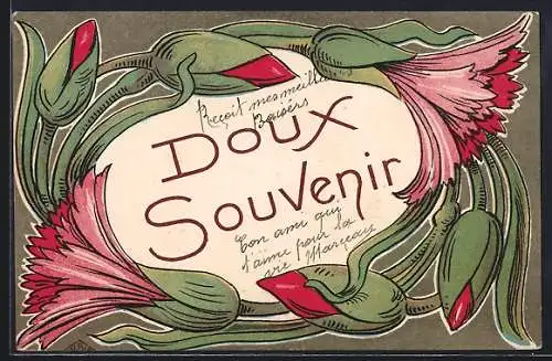 Künstler-AK Doux Souvenir, Ring aus rosafarbenen Nelken, Jugendstil