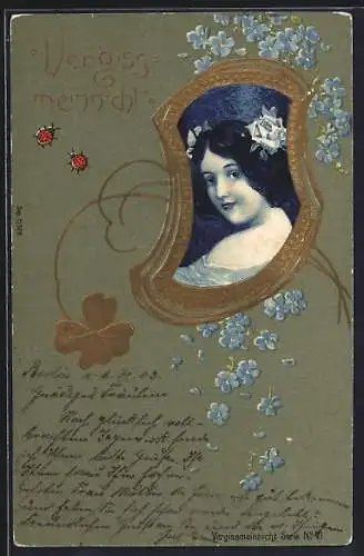 Künstler-AK Frauenporträt im Kleeblatt- und Vergissmeinnicht-Rahmen mit Marienkäfern, Jugendstil