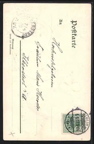 Künstler-AK Frauenporträt im Kleeblatt- und Vergissmeinnicht-Rahmen mit Marienkäfern, Jugendstil