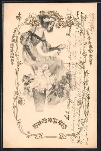 Künstler-AK Dame mit einer Blumengirlande in goldenem Rahmen, Jugendstil