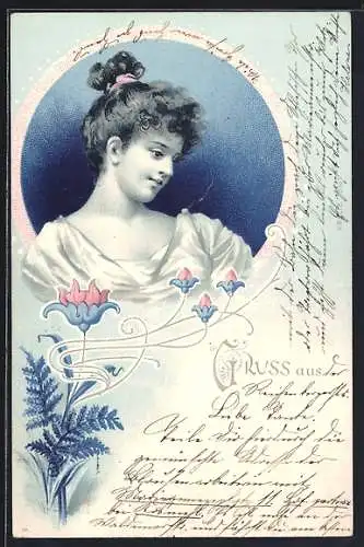 AK Mädchen mit Pferdeschwanz mit Blumen, Jugendstil