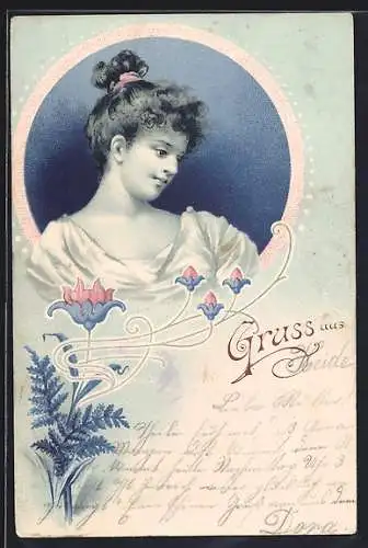 AK Mädchen mit Pferdeschwanz mit Blumen, Jugendstil