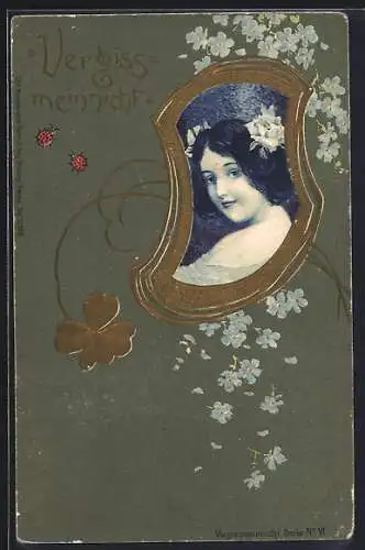Künstler-AK Frauenporträt im Jugendstil-Rahmen mit Marienkäfern