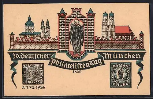 Künstler-AK München, 30. deutscher Philatelisten-Tag 1924, Ansicht von München