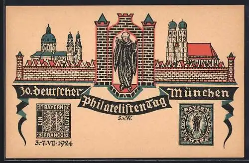 Künstler-AK München, 30. deutscher Philatelisten-Tag 1924, Ansicht von München