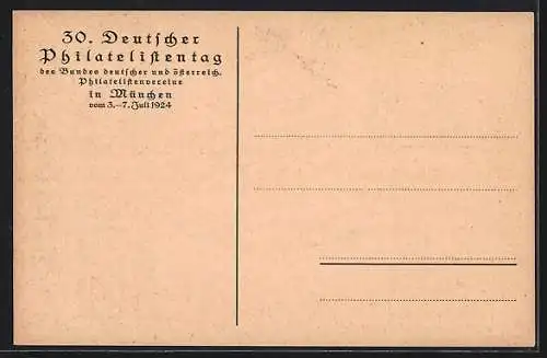 Künstler-AK München, 30. deutscher Philatelisten-Tag 1924, Ansicht von München