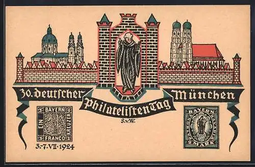 Künstler-AK München, 30. deutscher Philatelisten-Tag 1924, Ansicht von München