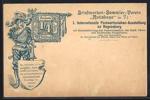 AK Regensburg, I. Internationale Postwertzeichen-Ausstellung, Briefmarken-Sammler-Verein Ratisbona, Freimarke