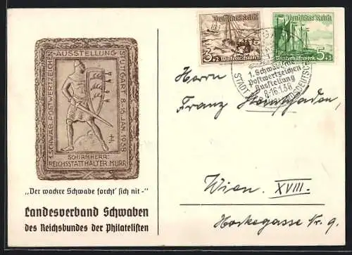AK Stuttgart, 1. Schwäbische Postwertzeichen-Ausstellung 1938, Landesverband Schwaben des Reichsbundes der Philatelisten