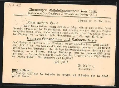 AK Chemnitz, Deutscher Philatelistenverband, Einladung zum Treffen im Central-Hotel
