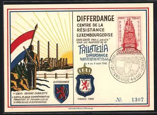 Künstler-AK Differdange, Philatelia Differdange 1945, Centre de la Résistance Luxembourgeoise