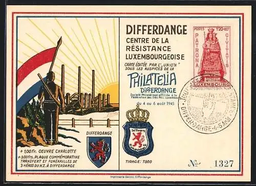 AK Differdange, Philatelia 1945, Centre de la Résistance Luxembourgeoise