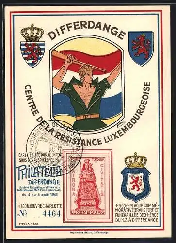 AK Differdange, Philatelia 1945, Centre de la Résistance Luxembourgeoise