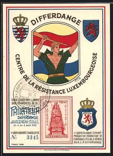 AK Differdange, Philatelia 1945, Centre de la Résistance Luxembourgeoise