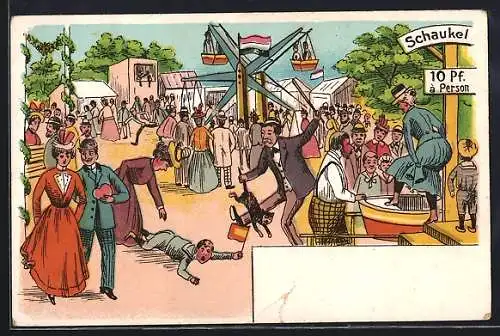 Lithographie Buntes Treiben auf einem Volksfest