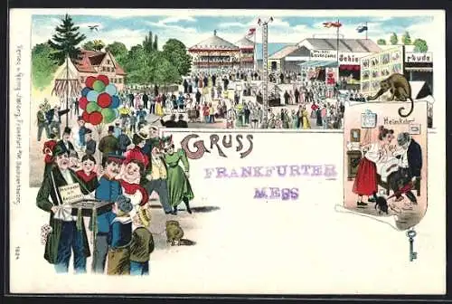 AK Frankfurt, Postkartenverkäufer und Stände auf dem Volksfest