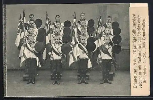 AK Centralhallen, 10. Stiftungsfest verbunden mit Barbarafeier des Vereins ehem. Artilleristen 1908, Jungen mit Fahnen