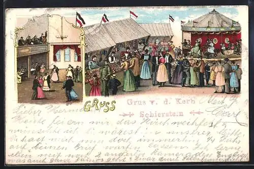 AK Schierstein, Gruss von d. Kerb, Buden und Karussell mit Reichsfahnen