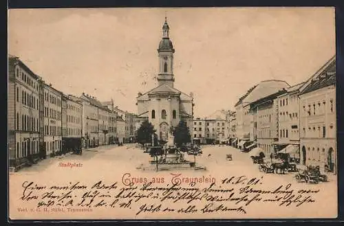 AK Traunstein, Stadtplatz mit Geschäften und Kirche