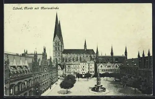 AK Lübeck, Markt mit Marienkirche und Brunnen