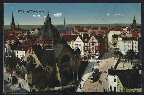 AK Dortmund, Strassenpartie mit Synagoge und Strassenbahn