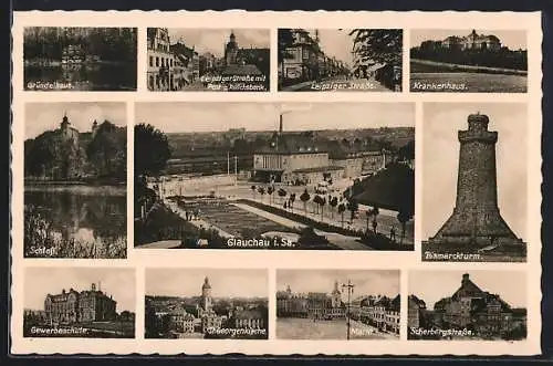 AK Glauchau i. Sa., Bismarckturm, Krankenhaus, Gewerbeschule