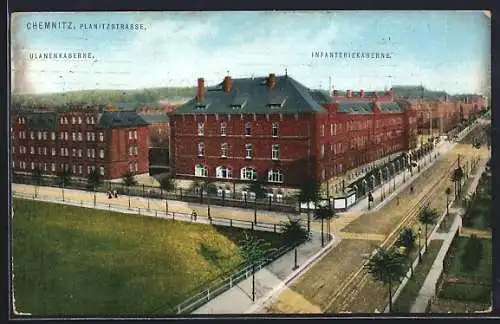 AK Chemnitz, Planitzstrasse mit Ulanenkaserne und Infanteriekaserne