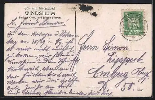 AK Windsheim i. Mfr., Kurhaus und Mineralbad, Bes. Georg und Johann Schwarz