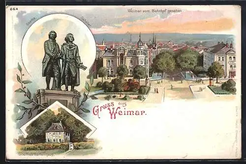 Sonnenschein-AK Weimar / Thüringen, Strassenpartie vom Bahnhof gesehen, Goethe und Schiller Denkmal