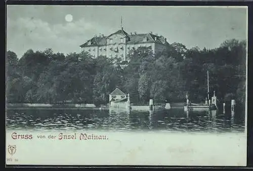 Mondschein-AK Insel Mainau, Schloss mit Uferpartie