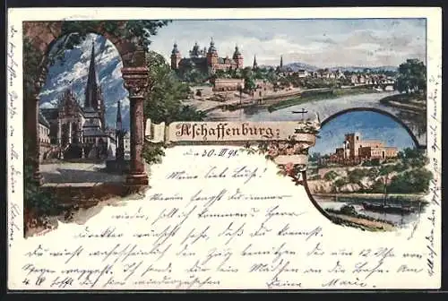Künstler-AK Aschaffenburg, Schloss, Dom und Brunnen
