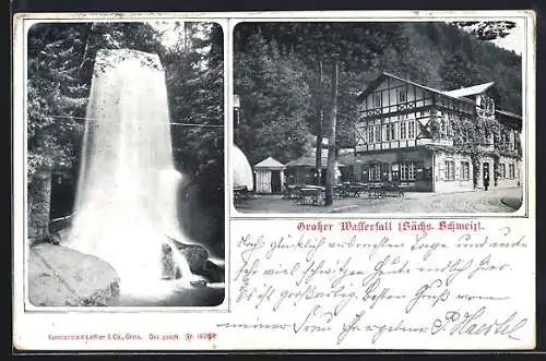 AK Sebnitz, Kirnitzschtal, am Grossen Wasserfalll, mit Restauration