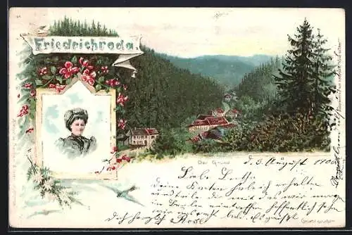 Lithographie Friedrichroda, Der Grund, Frau in Tracht