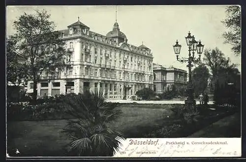 AK Düsseldorf, Parkhotel u. Corneliusdenkmal