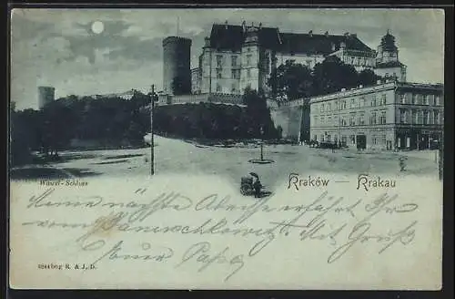 Mondschein-AK Krakau, Blick auf die Burg