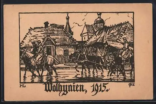 Künstler-AK Wolhynien, Militärzug durch das Dorf