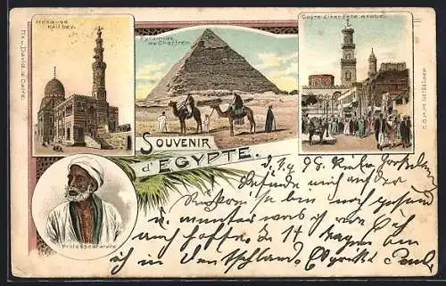 Lithographie Caire, Ziker Fete arabe, Pyramide de Cheffren, Mosque Kail bey