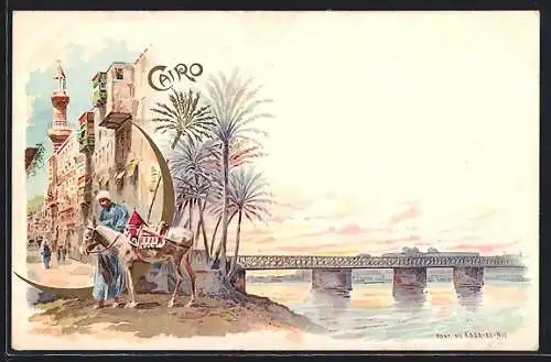 Lithographie Kairo, Strassenpartie und Knabe mit Esel, Brücke Kasr-El-Nil