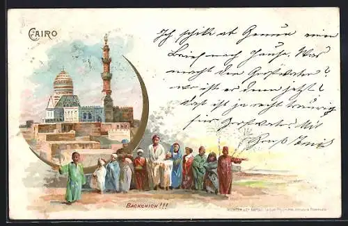 Lithographie Cairo, Kinder betteln um Backchich, Moschee im Stadtbild