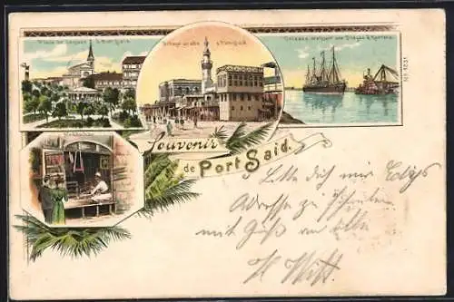 Lithographie Port Said, Place de Lesseps, Village arabe, Neddschar