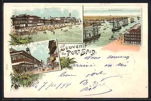 Lithographie Port Said, Quai de Port Said, Port, Rue du comerce