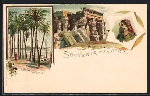 Lithographie Caire, Palmiers de Gezireh, Temple de Kom-Ombo