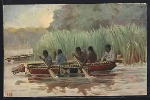 Künstler-AK Christopher Rave: Ruderboot, Westafrika, Jetztzeit