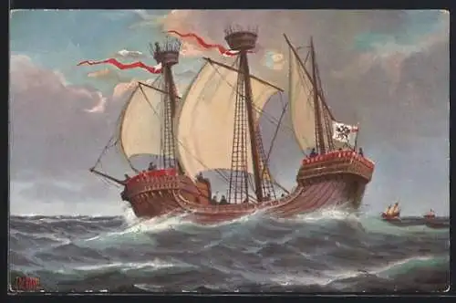 Künstler-AK Christopher Rave: Marine-Galerie, Karte Nr. 3, Hansa-Kogge, 14. Jahrhundert