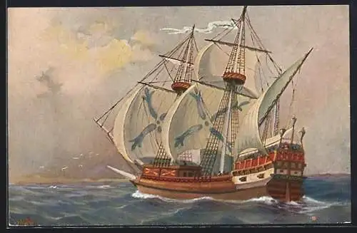 Künstler-AK Christopher Rave: Englisches Kriegsschiff in Fahrt, 15. Jahrhundert